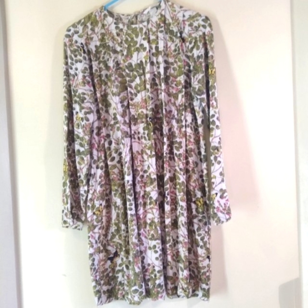 H&M White Green Botanical Print Long Sleeve Flowy Dress